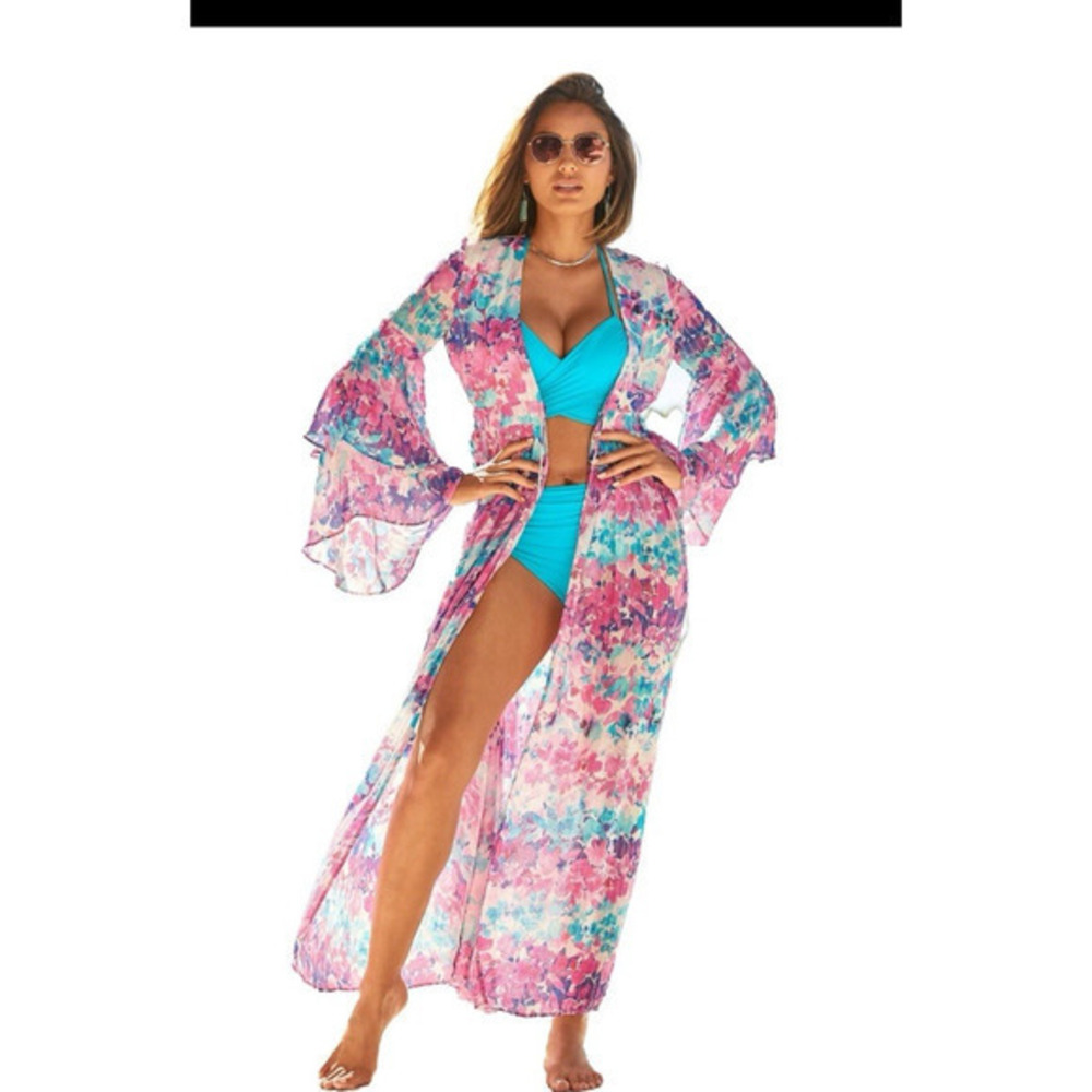 NEW Boston Proper Duster SZ Large Watercolor Garden Print Shimmer‎ Beach Coverup